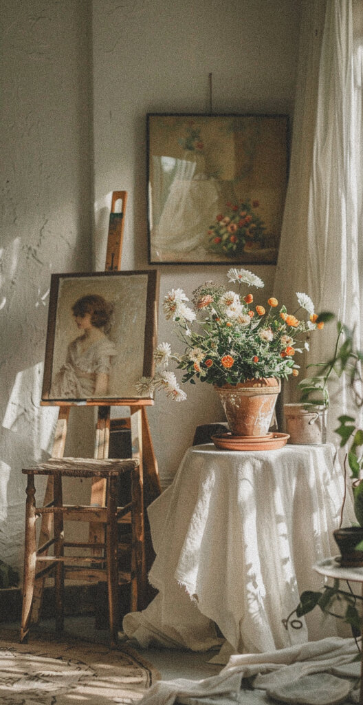 Art Therapy, painting of a woman next to table with beautiful flowers