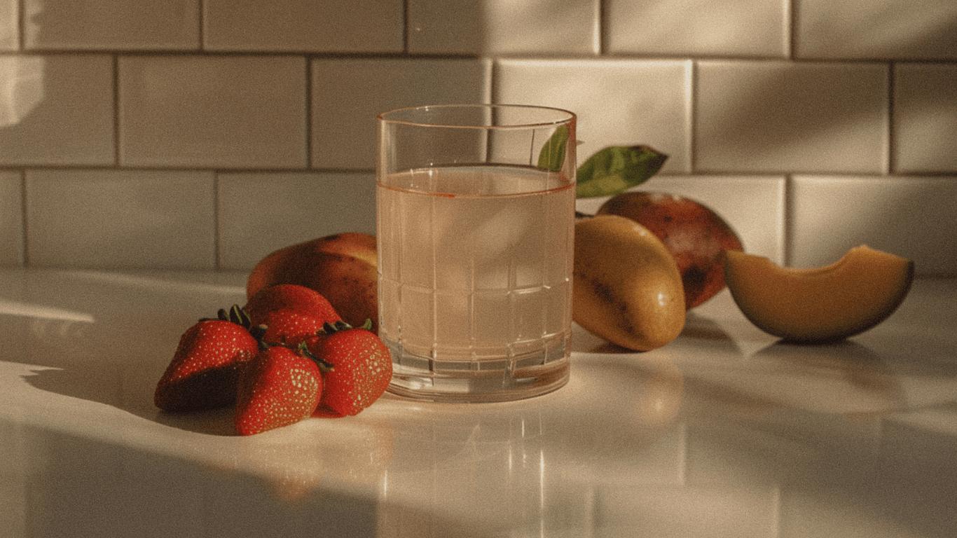 Hydrating foods like melon, strawberries next to glass of watetr