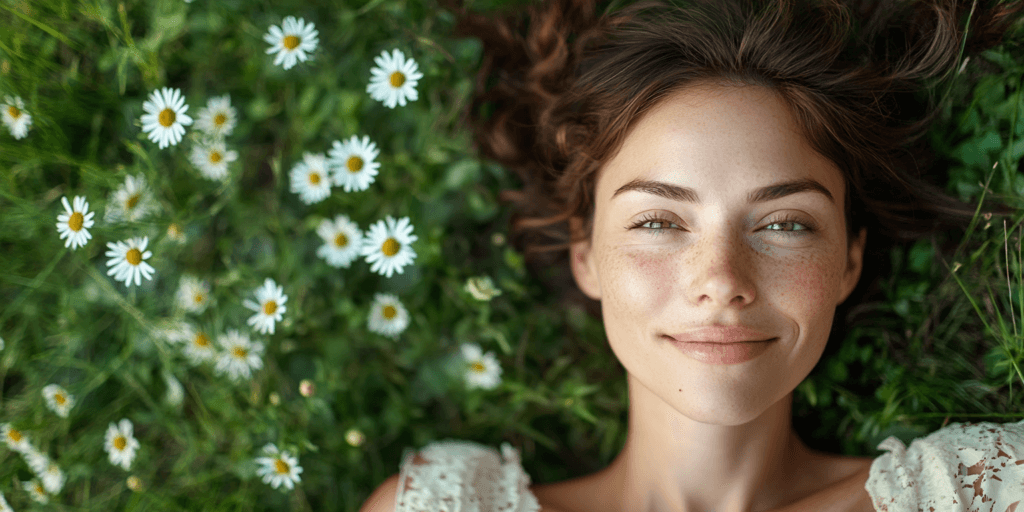 Human design can help ypu rediscover joy and peace. Woman smiling gently lying on a grass between flowers.